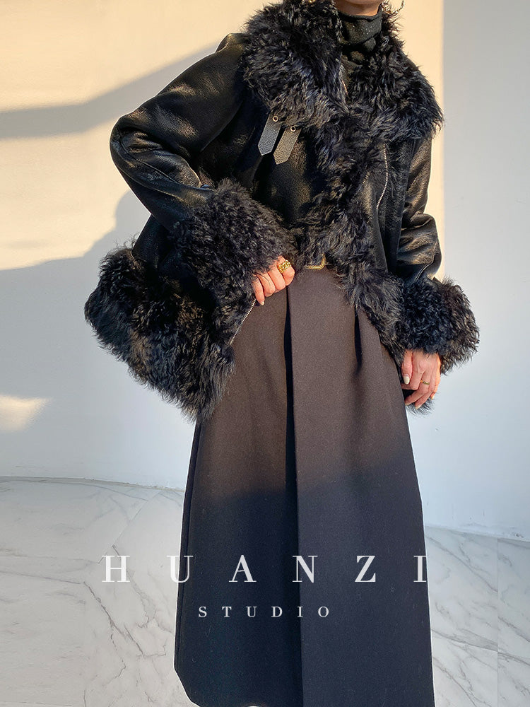 Huanzi custom craft winter fur one-piece wool lamb collar leather jacket - Sioed