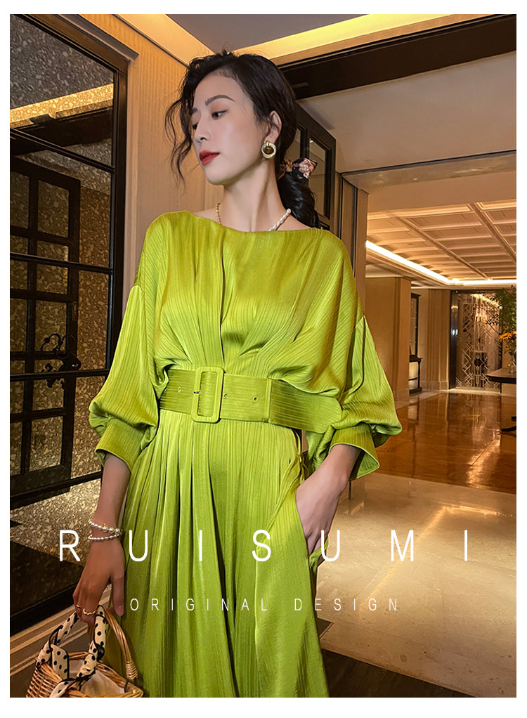 French romantic light luxury satin pleated waist lantern bat sleeve midi tea dre - Aplss