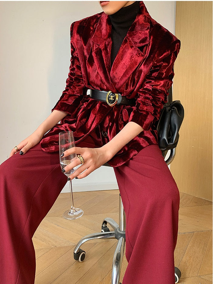 WANXO wine red acetate velvet suit jacket new high-end silhouette coat- Serena