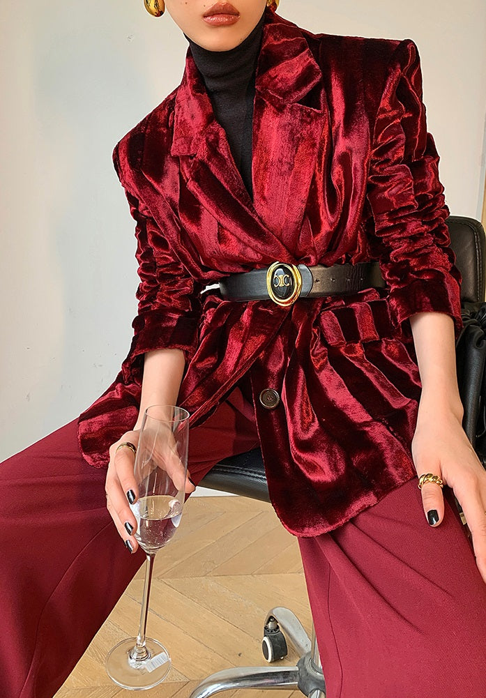 WANXO wine red acetate velvet suit jacket new high-end silhouette coat- Serena