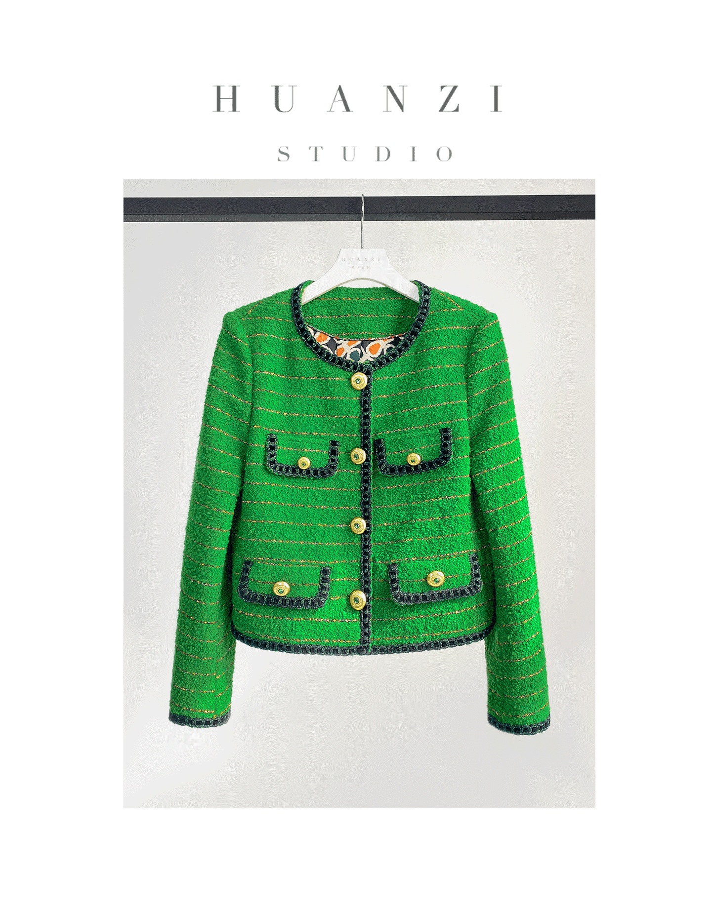 Huanzi tweed wool small suit autumn and winter new green short coat suit set- Lilibeth