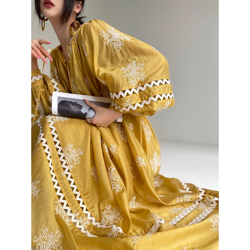 Aconiconi Light French Loose Slouchy Lace Balloon Sleeve Dress - Sunset