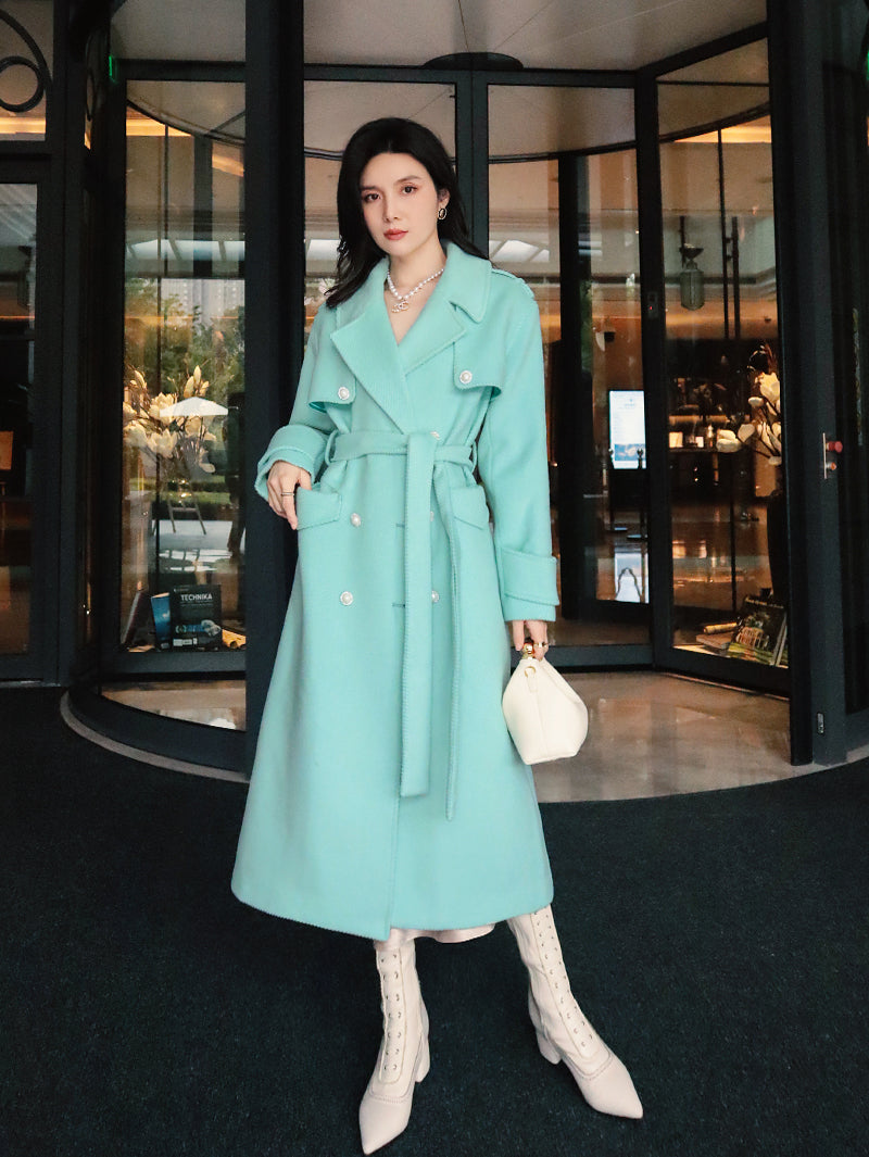 French ladies winter gentle tie tourmaline green elegant light luxury thick twill woolen long sleeve coat- Rita