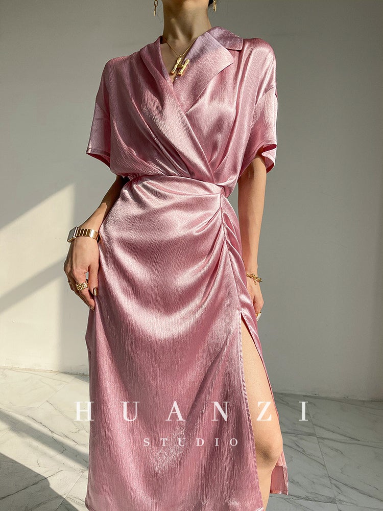 HUANZI custom designer high-end glossy silky elegant dress -Diana Pearl Gray