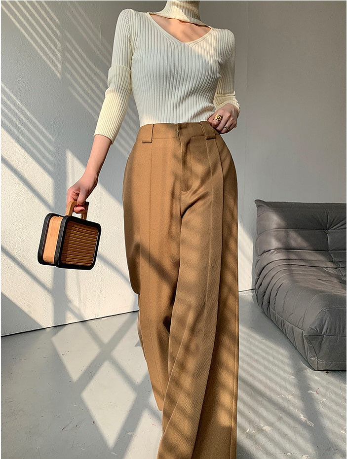 WANXO camel high waist drooping casual pants new straight loose wide leg pants- Tela