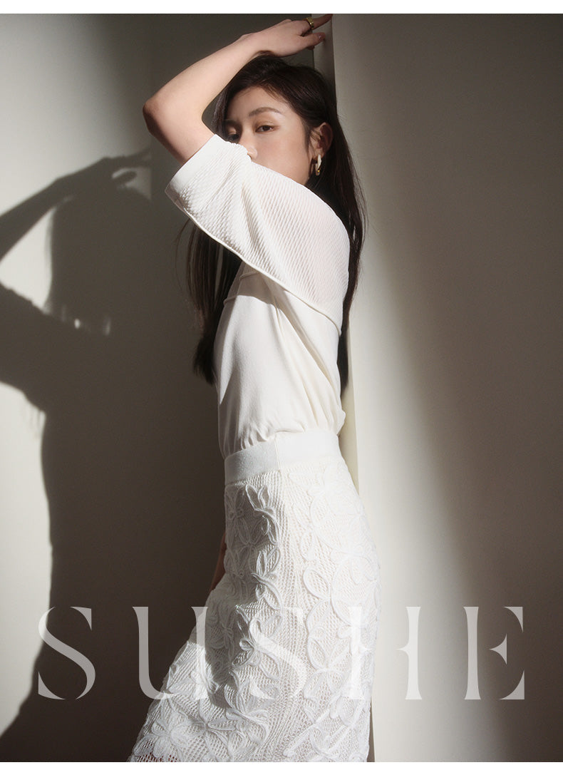 SUSHE Spring Flower Simple Straight pencil White Knit Slit Skirt - ueb