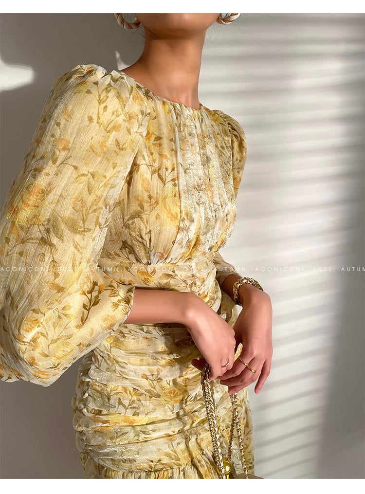 Aconiconi|French floral fishtail midi dress- butter