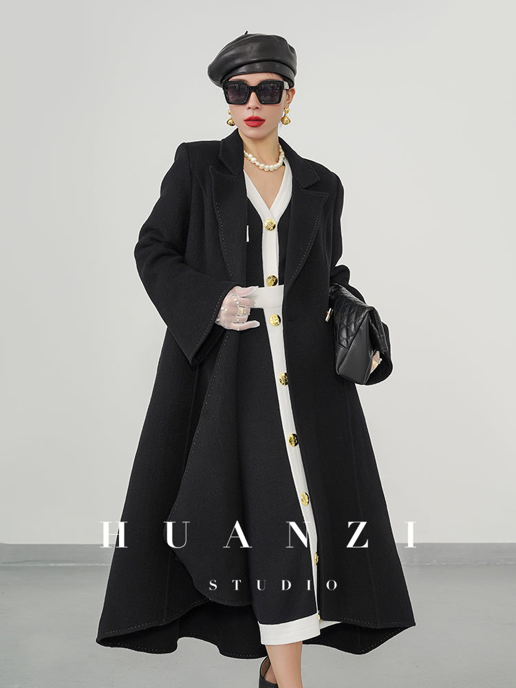 Huanzi custom double-sided cashmere coat women's black woolen coat fishtail slim fit and thin- Baty
