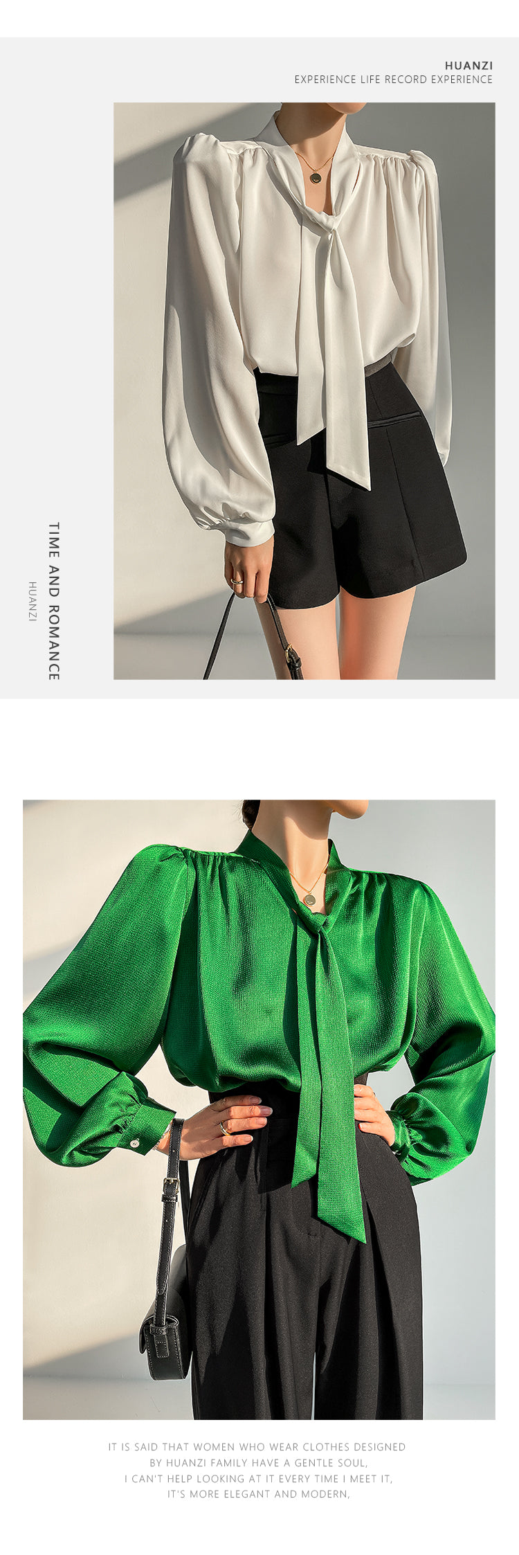 Huanzi new puff sleeves silk satin shirts top blouse - Oitr green