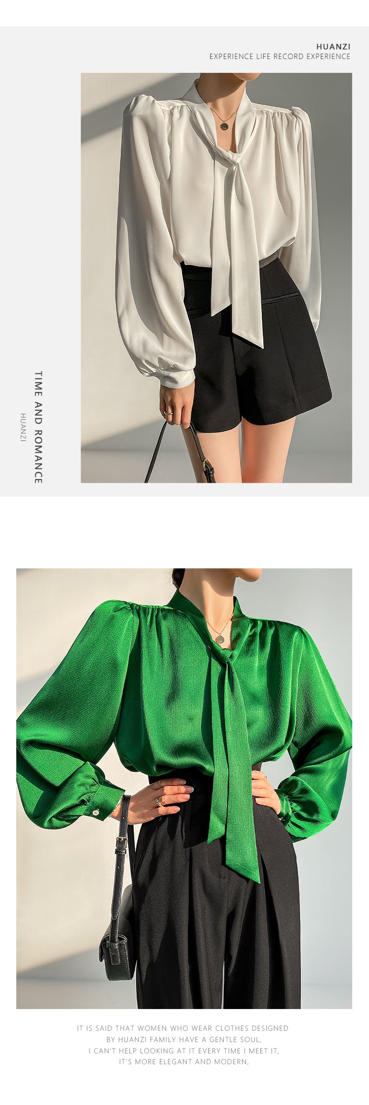 Huanzi new puff sleeves silk satin shirts top blouse - Oitr