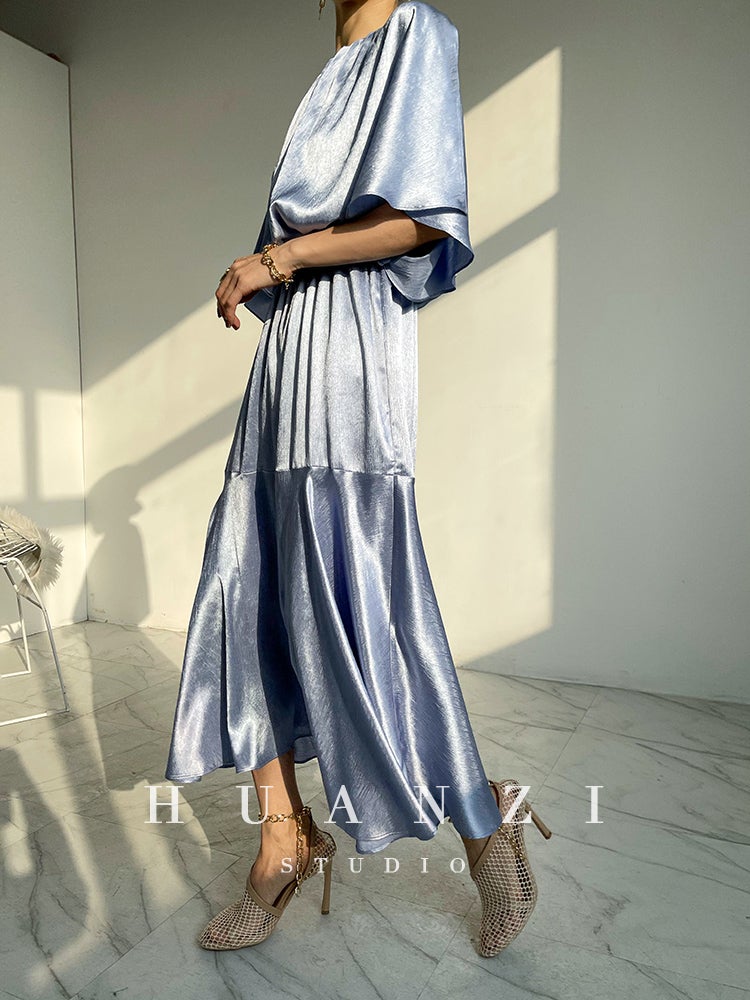 HUANZI custom designer acetic loose short-sleeved silky elegant dress -Leila passion