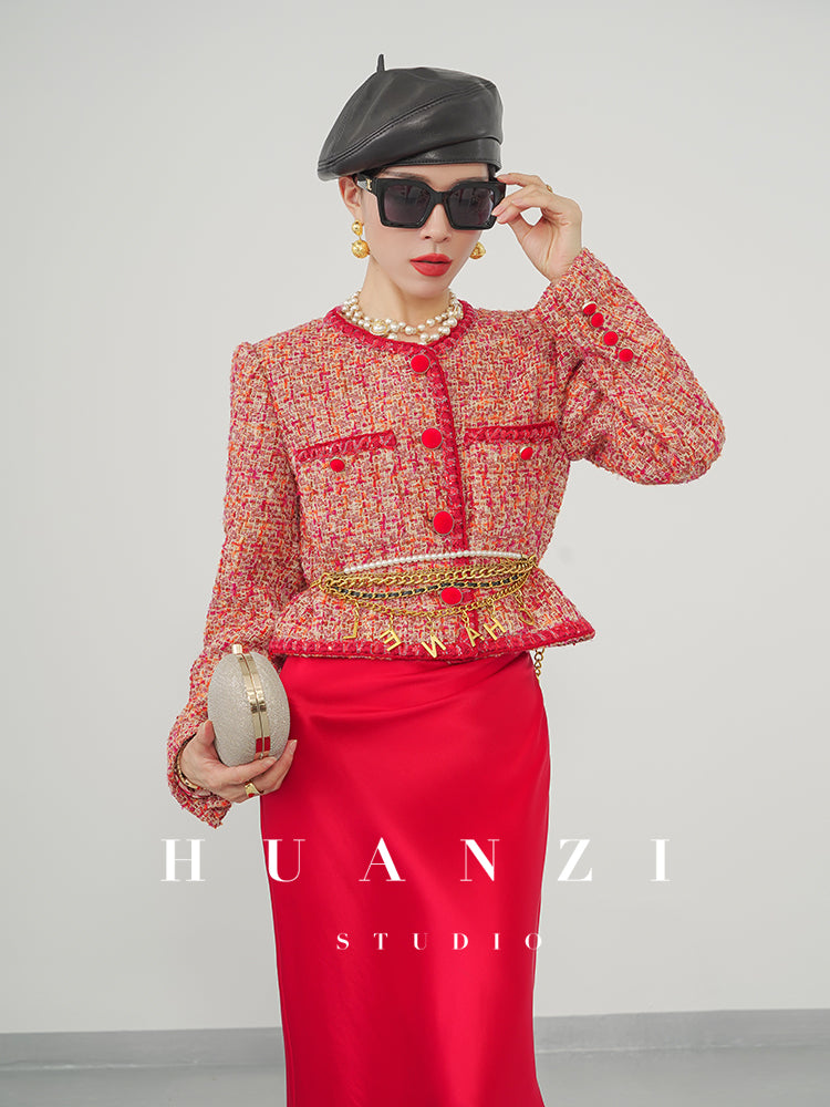 Huanzi custom 2022 autumn and winter new high-definition handmade red tweed temperament lady style small fragrant wind jacket female