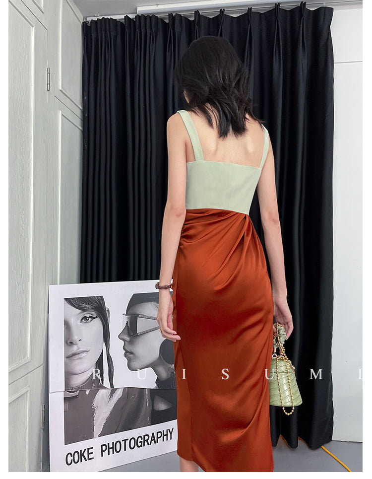 Square neck French elegant color block thin satin retro dress - Bilbo