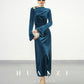 Huanzi new elegant slanted collar acetate velvet waist slit dress mid-length female- Eli