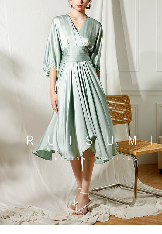 Elegant early spring textured sleeve girdle dress- Mili