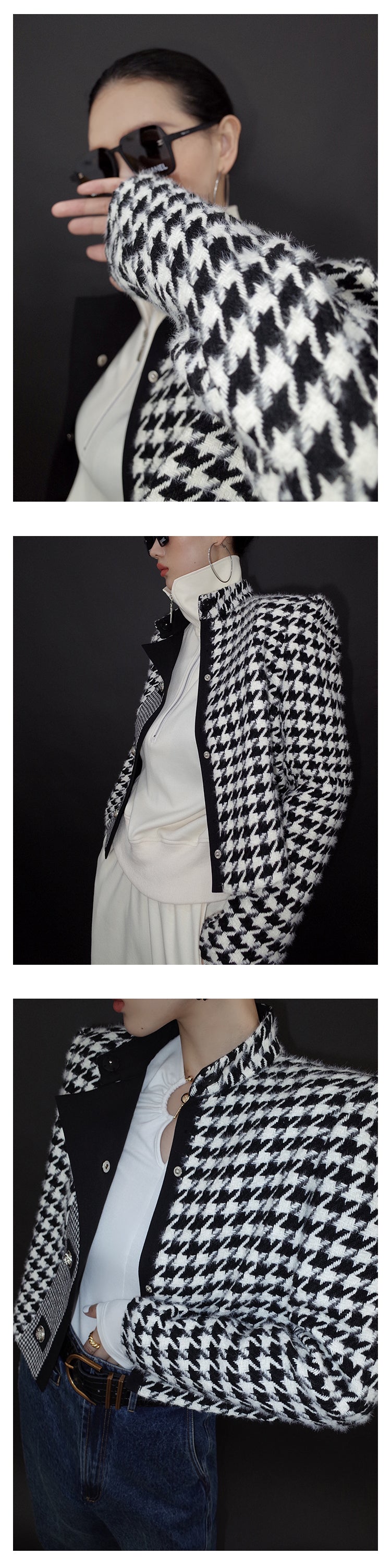 High end stand collar woolen classic houndstooth top coat jacket blazer - Setti