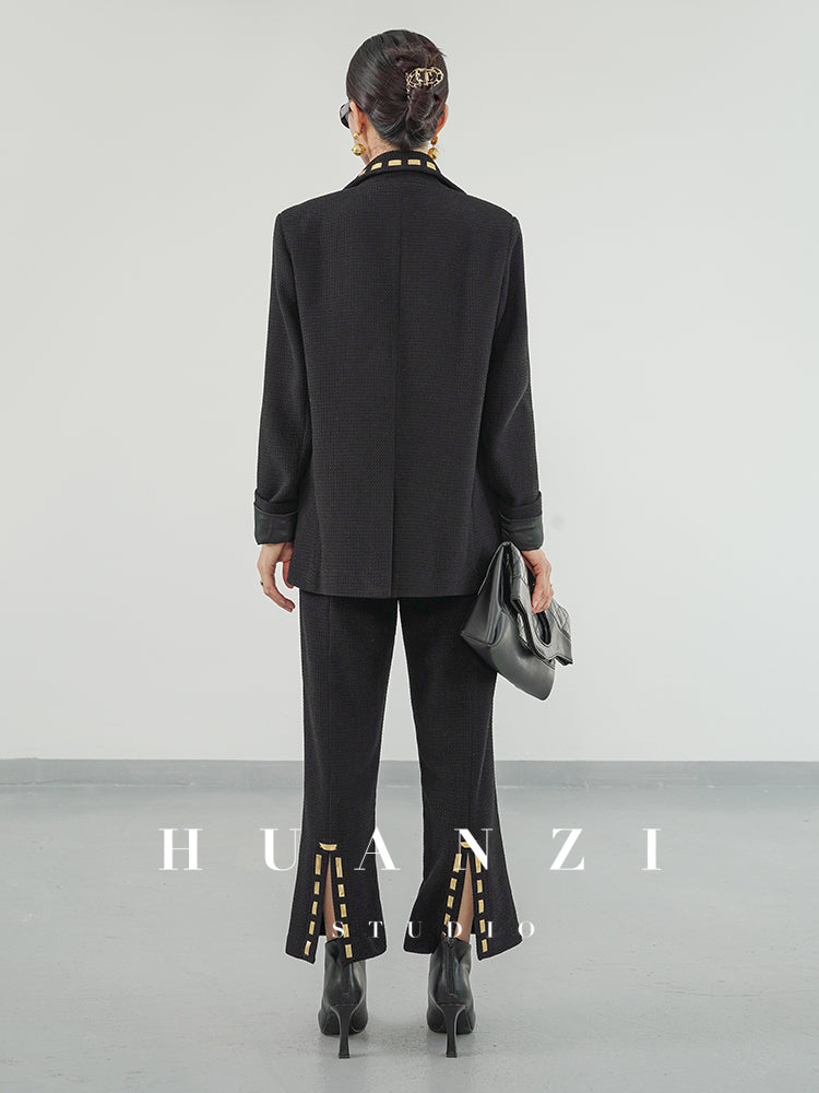 Huanzi new handmade micro-wide suit jacket with back slit straight-leg micro-launched trousers suit set- Emera