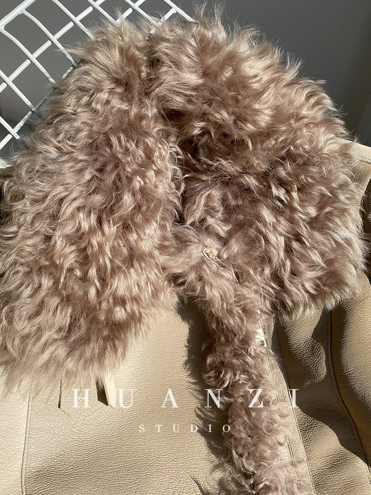 Huanzi custom craft winter fur one-piece wool lamb collar leather jacket - Sioed