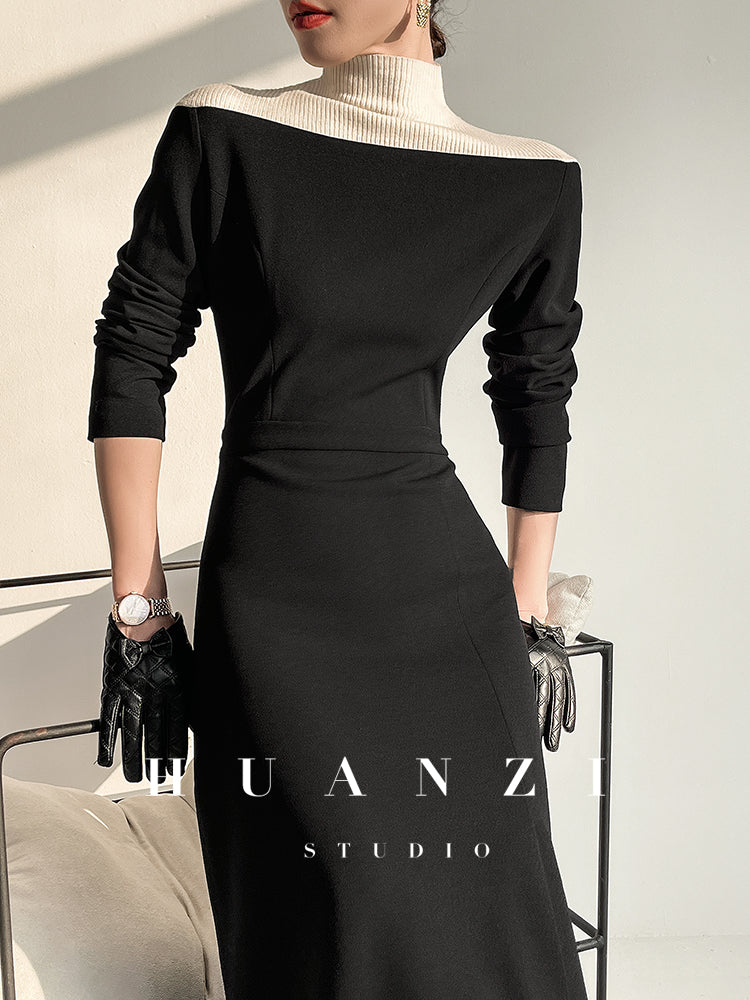Huanzi new elegant classic black high turtle neck dress - Kios