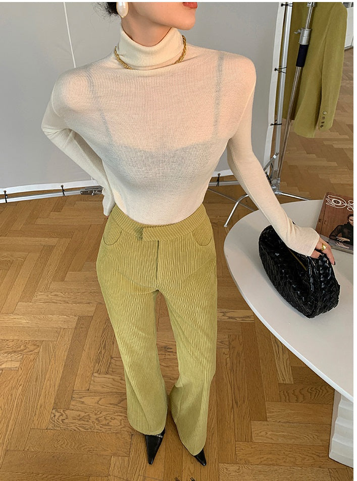 Green WANXO retro corduroy two-piece suit new suit jacket high waist casual wide leg pants- Orfara