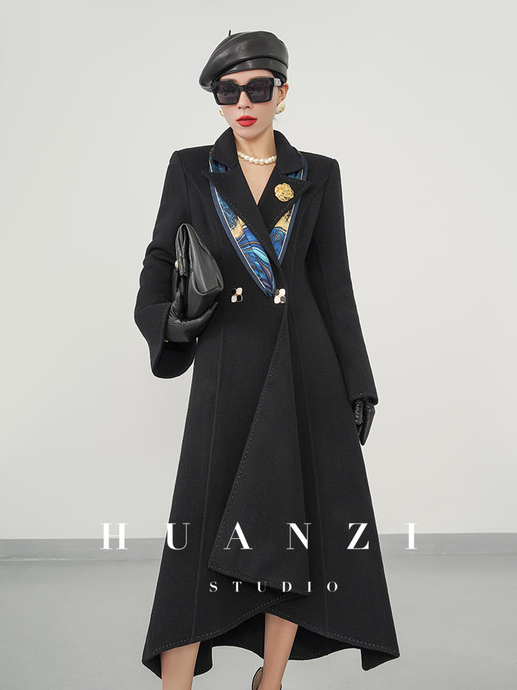 Huanzi custom double-sided cashmere coat women's black woolen coat fishtail slim fit and thin- Baty
