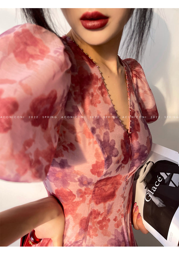 Aconiconi|Romantic French print luxury handmade haute couture beaded v-neck midi dress - Pilore