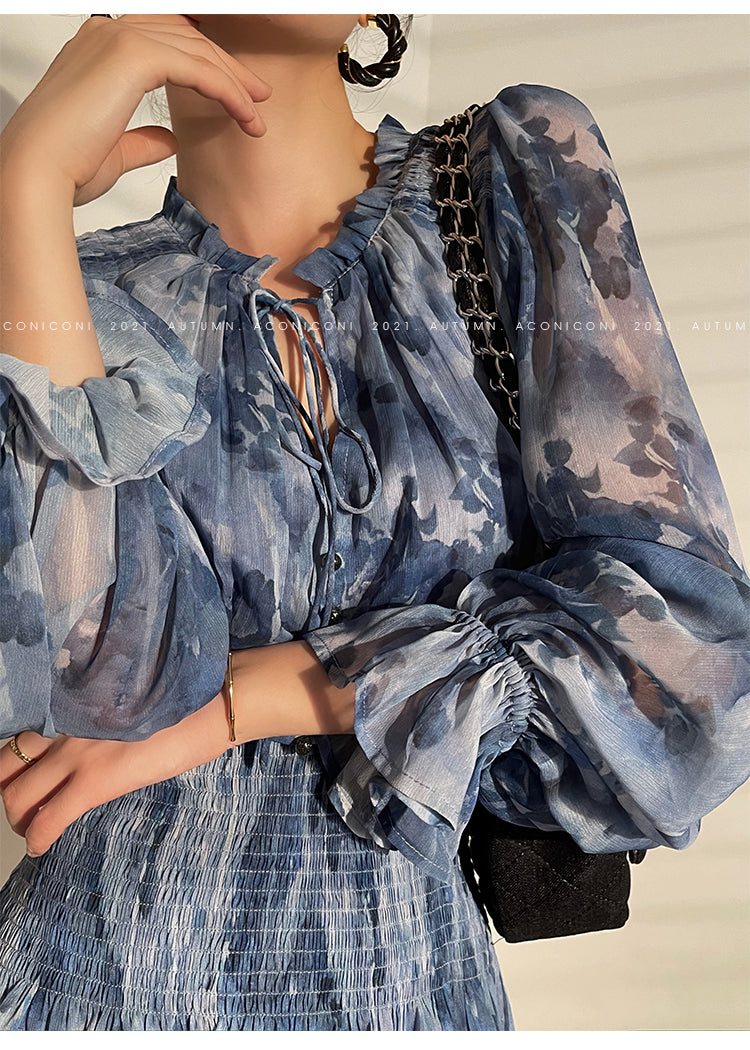 Aconiconi|French elegant blue print spring summer dress - hiju