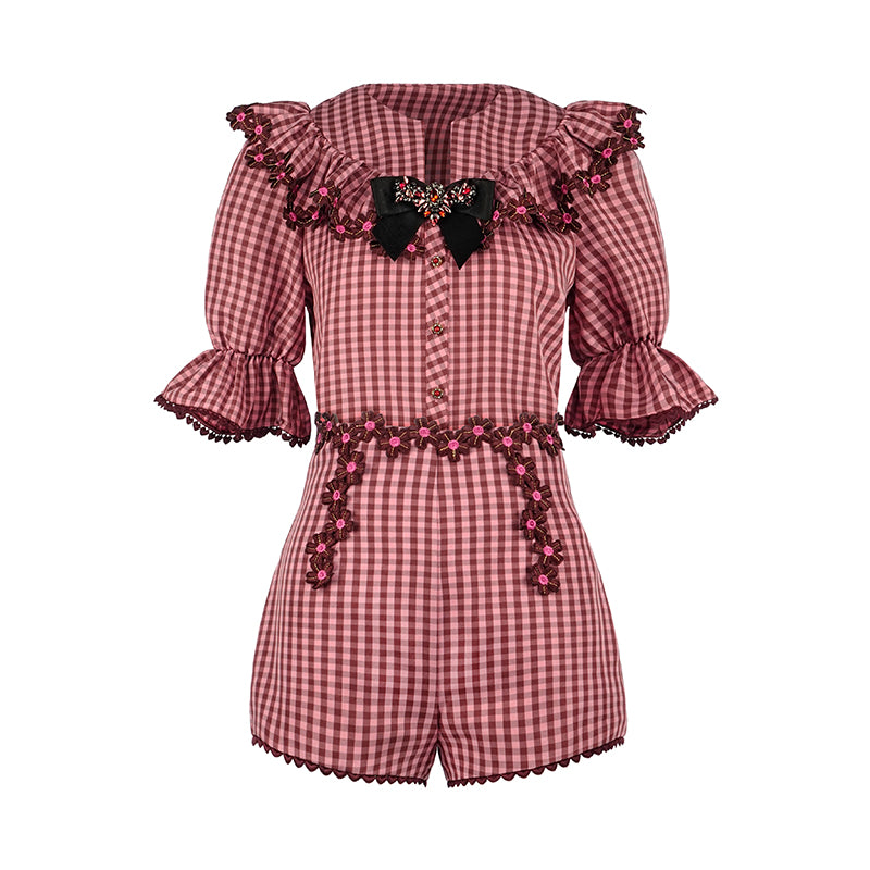 Retro bow shirt high waist shorts two piece set- Winner