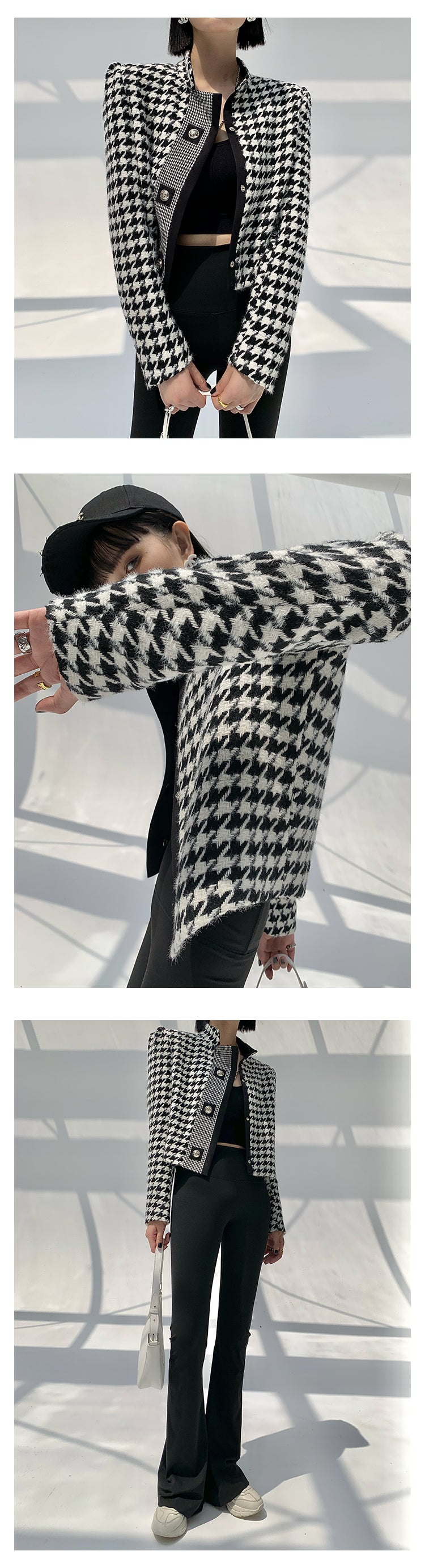 High end stand collar woolen classic houndstooth top coat jacket blazer - Setti