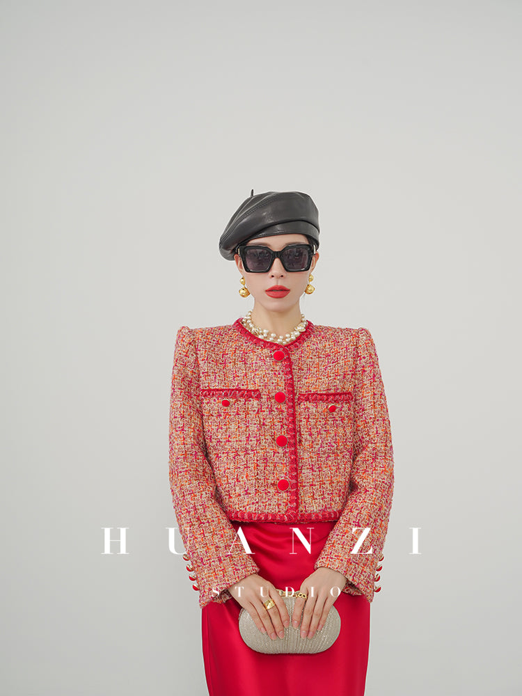Huanzi custom 2022 autumn and winter new high-definition handmade red tweed temperament lady style small fragrant wind jacket female
