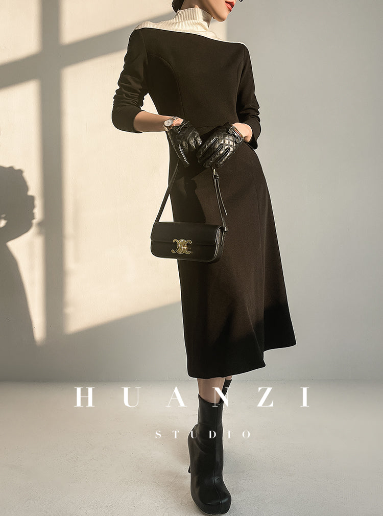 Huanzi new elegant classic black high turtle neck dress - Kios