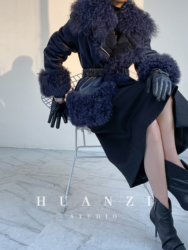 Huanzi custom craft winter fur one-piece wool lamb collar leather jacket - Sioed