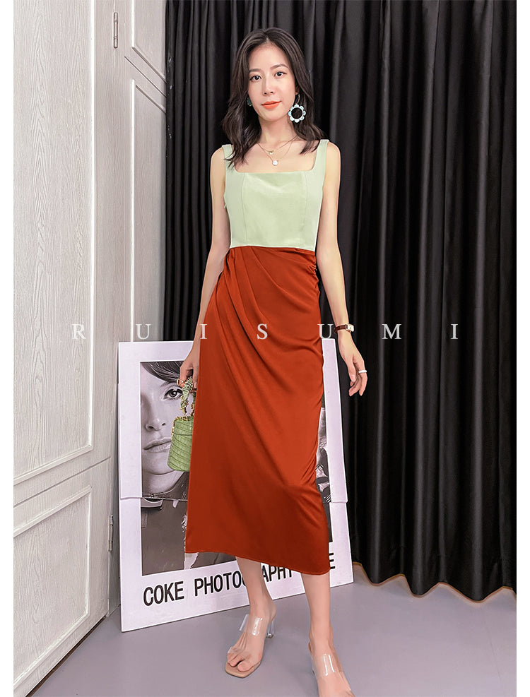 Square neck French elegant color block thin satin retro dress - Bilbo