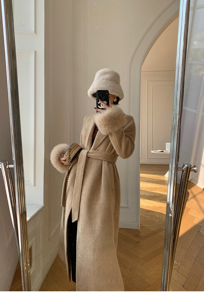 Beige WANXO vegann fur waist tie woolen coat new fashion medium and long woolen coat- Katy