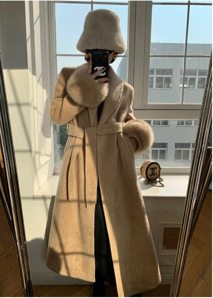 Beige WANXO vegann fur waist tie woolen coat new fashion medium and long woolen coat- Katy
