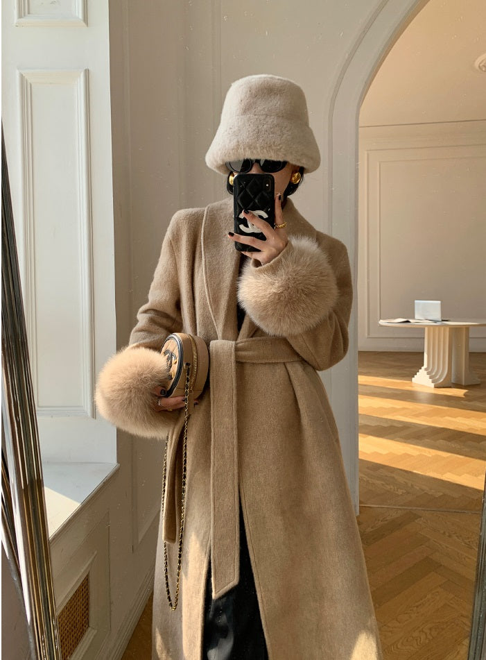 Beige WANXO vegann fur waist tie woolen coat new fashion medium and long woolen coat- Katy