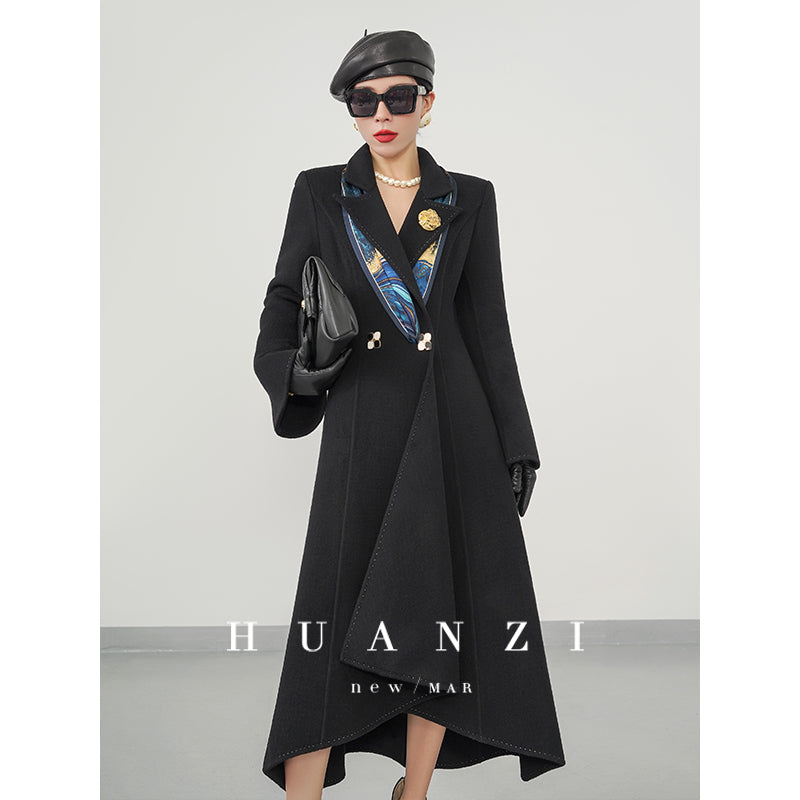 Huanzi custom double-sided cashmere coat women's black woolen coat fishtail slim fit and thin- Baty