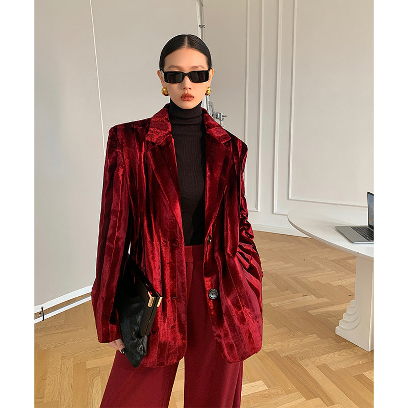 WANXO wine red acetate velvet suit jacket new high-end silhouette coat- Serena