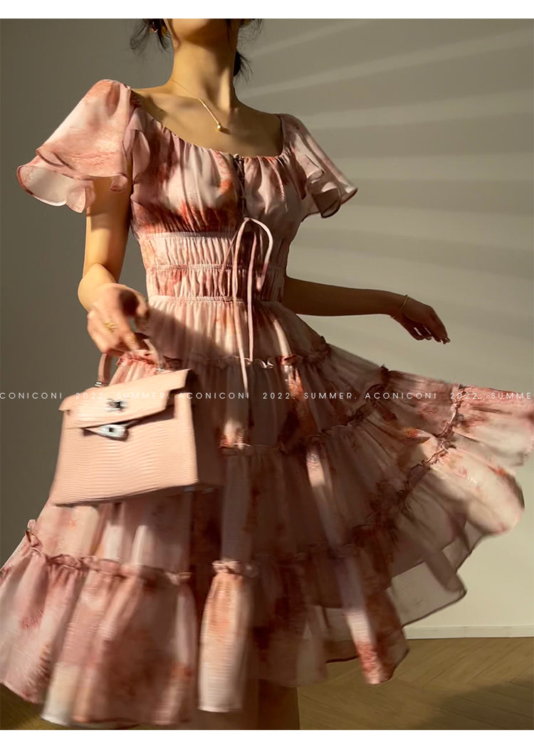 Aconiconi|Fireworks French Print High end Design flowy floral Dress - Atami