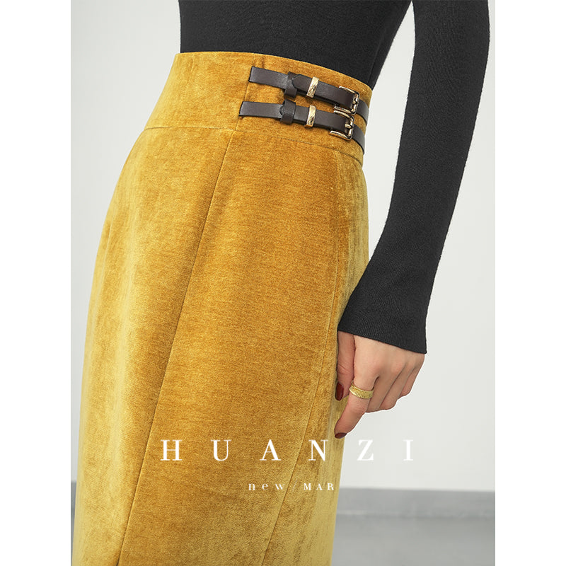 Huanzi new French velvet fashionable high waist slim and small slit skirt female- Elvin