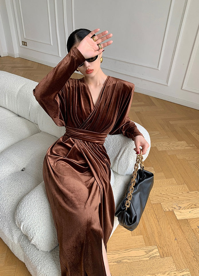 Brown WANXO French red pleated velvet dress new gold-like waist bottoming skirt- Winny