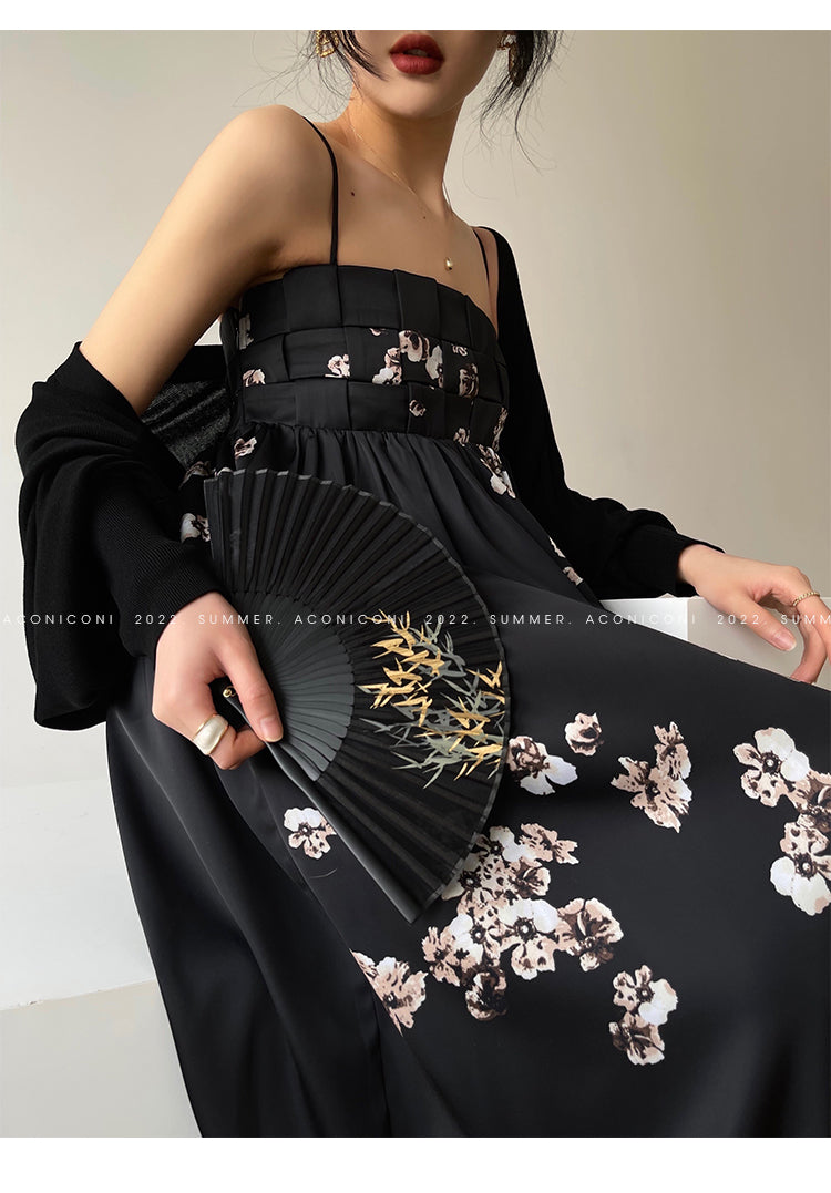 Aconiconi|Luxury French japanese retro print tube top suspender loose dress - Kimiko
