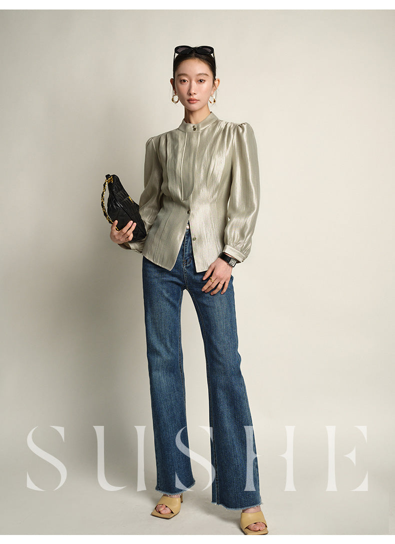 SUSHE Gold Series Retro Spring Women's 2023 Loose Stand Collar Shirt -Star