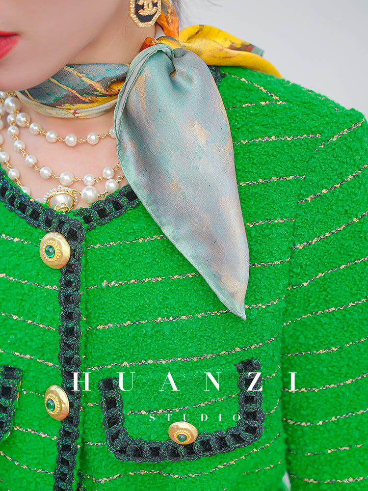 Huanzi tweed wool small suit autumn and winter new green short coat suit set- Lilibeth