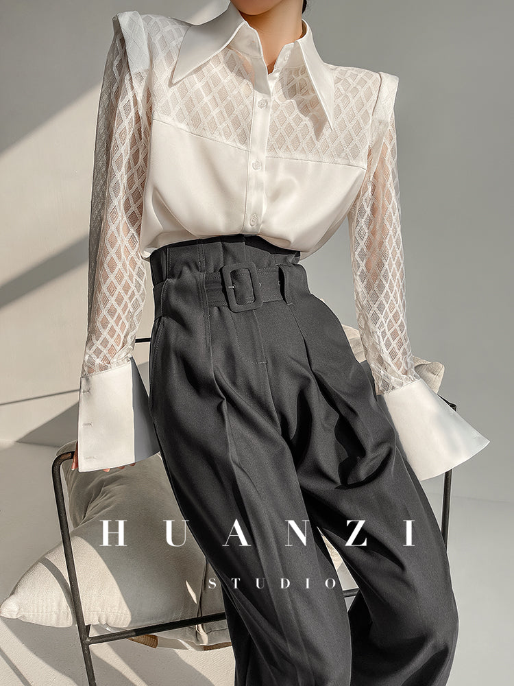 Huanzi high end custom lace plaid satin angle shoulder shirt - Bisrs