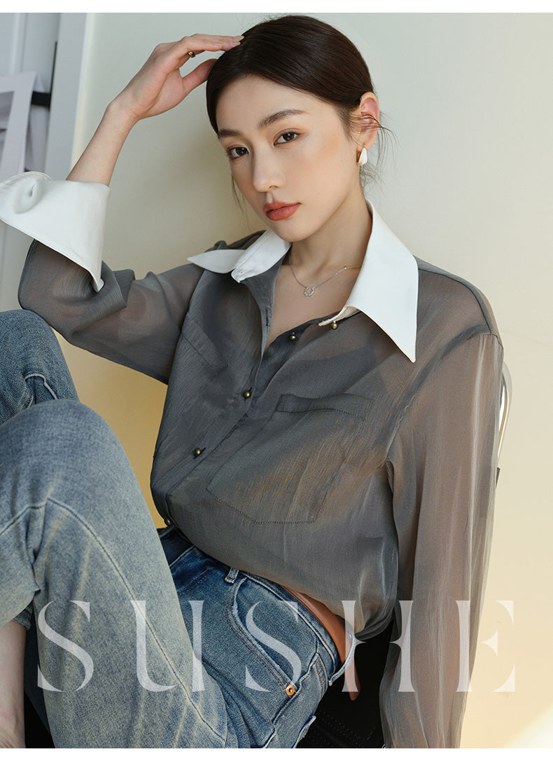 SUSHE 2023 early spring gray retro loose shirt - Cariyt