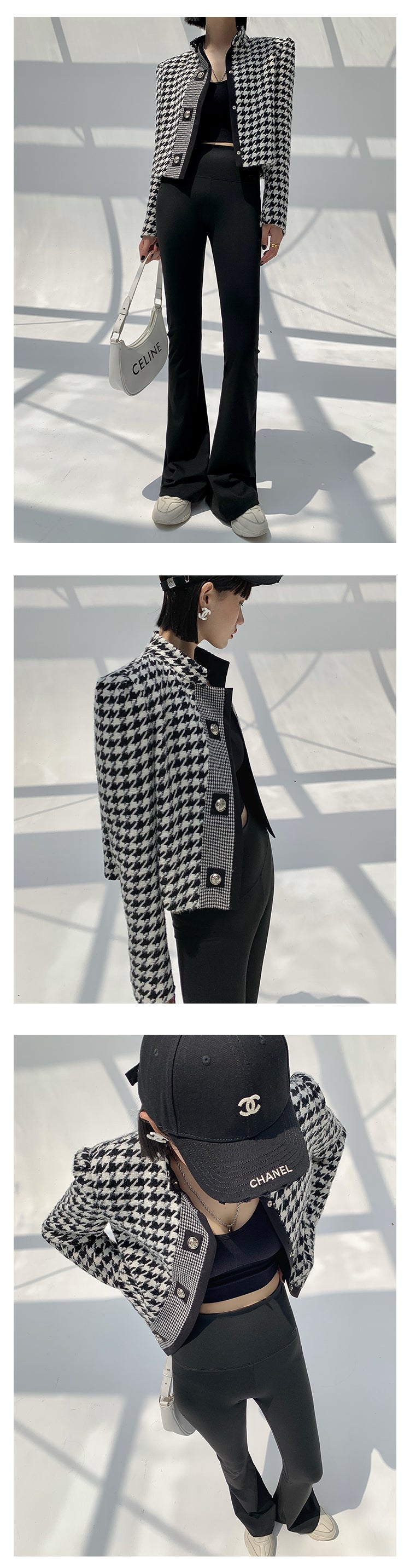 High end stand collar woolen classic houndstooth top coat jacket blazer - Setti