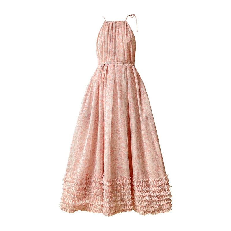Aconiconi| halter-neck summer broken flowers vacation holiday style fairy dress - cherry blossom