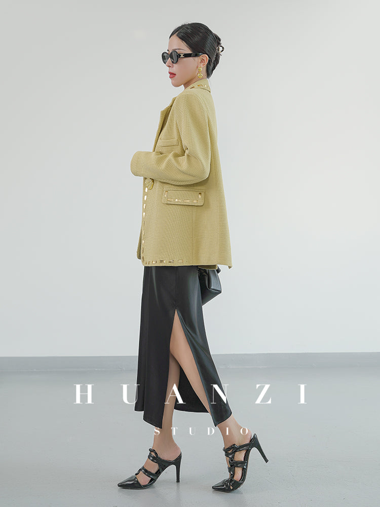 Huanzi new handmade micro-wide suit jacket with back slit straight-leg micro-launched trousers suit set- Emera