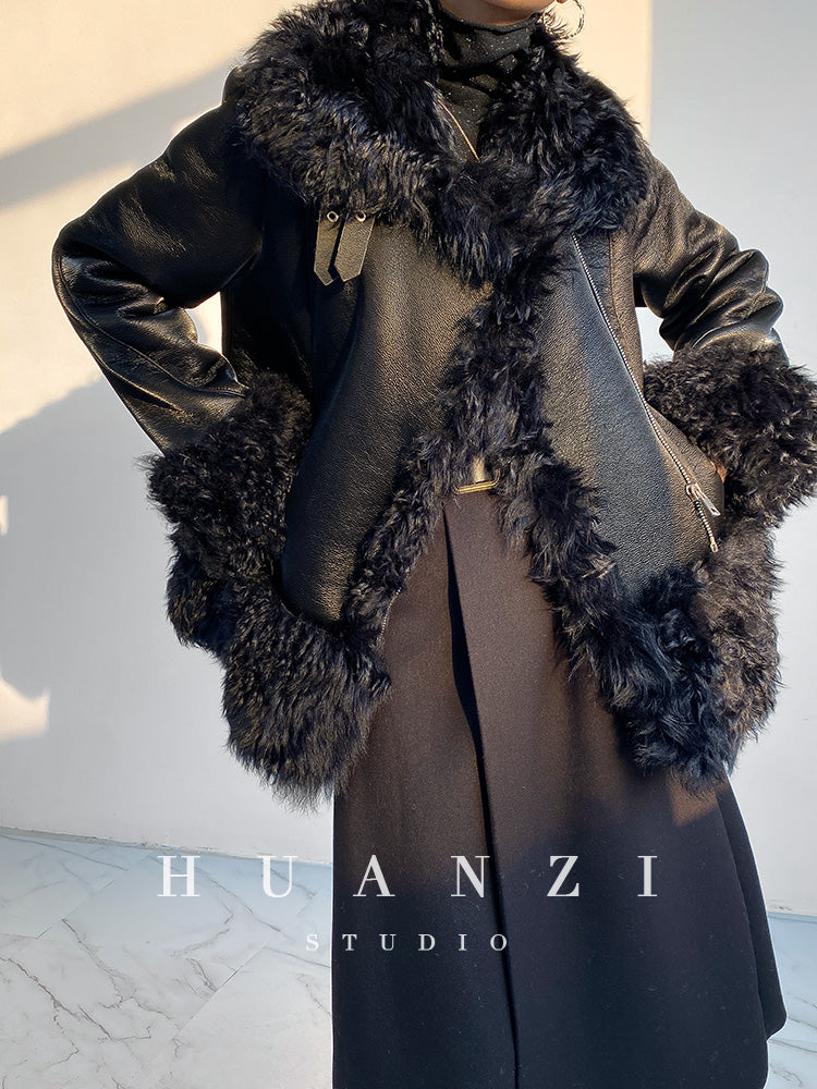 Huanzi custom craft winter fur one-piece wool lamb collar leather jacket - Sioed